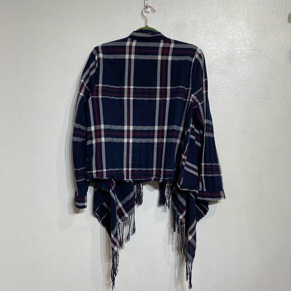 Charming Charlie Blue Plaid Fringe Long Sleeve Open Front Blouse Sz L - Picture 9 of 12
